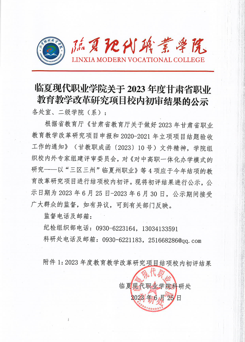 临夏现代职业学院关2023年度甘肃省职业教育教学改革研究项目校内初审结果的公示