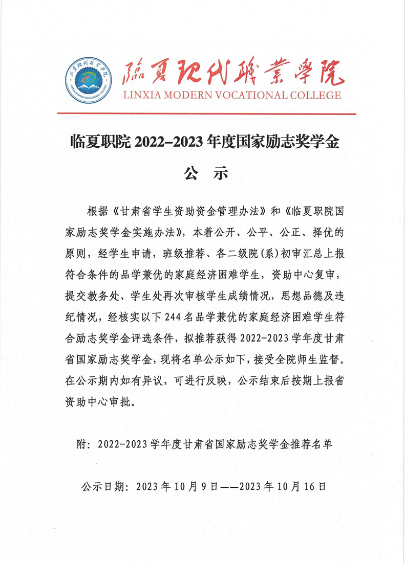 临夏职院2022-2023学年度甘肃省国家励志奖学金公示及名单