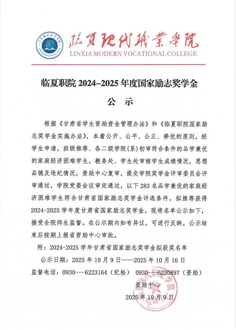 临夏职院2024-2025学年度甘肃省国家励志奖学金公示(1)
